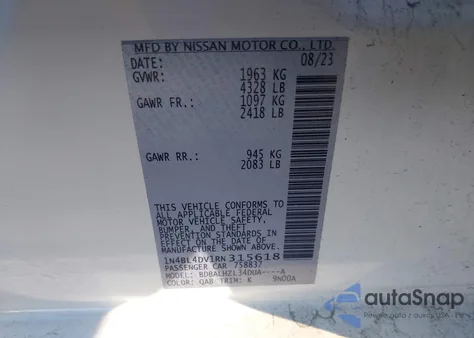 2024 Nissan Altima Sv Fwd z USA, uszkodzony, nr VIN 1N4BL4DV1RN315618